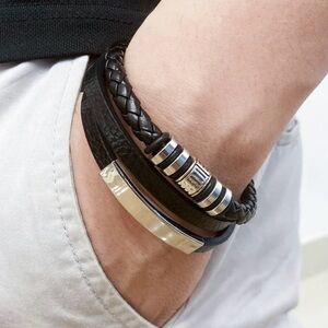 Black Leather Triple Wrap Men’s Bracelet Stainless Steel Bracelet 9”